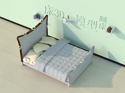 Stylish Double Bed 3D Model With Cozy Bedding And Minimalist Wall Design 3d model