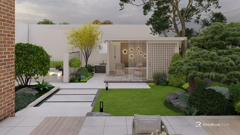 Modern Garden Landscape Design With White Building Green Plants Lawn Stone Path And Outdoor Seating 3d model 