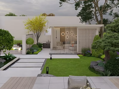 Modern Garden Landscape Design With White Building Green Plants Lawn Stone Path And Outdoor Seating 3d model