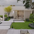 Modern Garden Landscape Design With White Building Green Plants Lawn Stone Path And Outdoor Seating