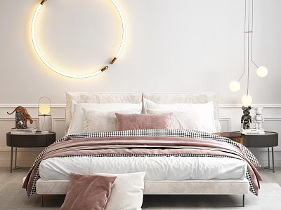 Minimalist Double Bed In Bedroom With Circular Neon Light Pink Bedding And Bedside Table Lamps 3d model
