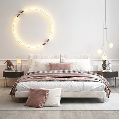 Minimalist Double Bed In Bedroom With Circular Neon Light Pink Bedding And Bedside Table Lamps 3d model
