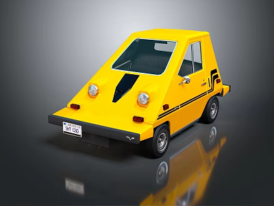 Unique Yellow Compact Car With Round Headlights And Black Stripes Design 3d model