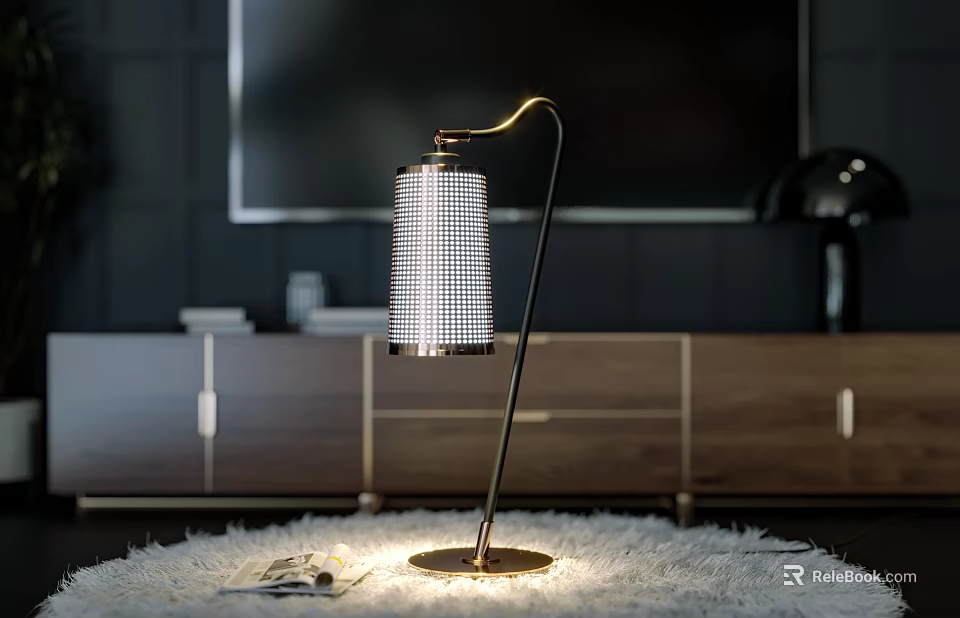 Modern Floor Lamp With Mesh Shade On Fluffy Rug 3d model 