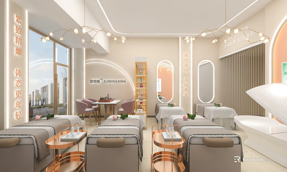 Elegant Modern Spa Club Interior With Treatment Beds Side Tables And Hanging Lights 3d model 