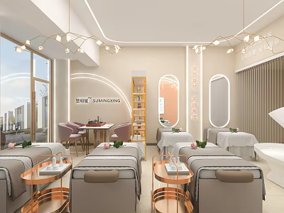 Elegant Modern Spa Club Interior With Treatment Beds Side Tables And Hanging Lights 3d model