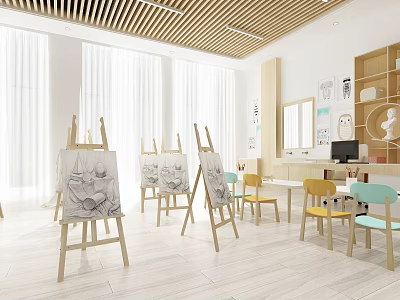 Art Studio With Easels Sketch Drawings Tables Chairs Bookshelves And Bright Windows 3d model