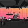 AMEINE Bar Interior With Stage Keyboard Drum Set Tables Chairs And Pink Tiled Wall
