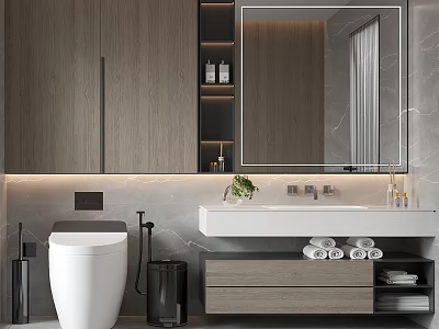 Modern Wooden Bathroom Cabinet With Marble Countertop And Wall Mounted Mirror Storage Shelves 3d model