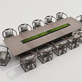 Long Wooden Conference Table With Green Center Decor And Surrounding Cushioned Chairs