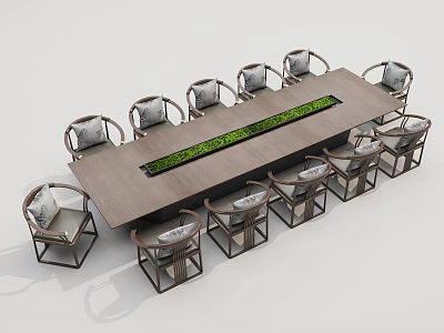 Long Wooden Conference Table With Green Center Decor And Surrounding Cushioned Chairs 3d model