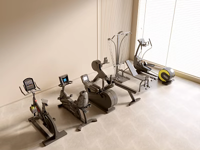 Modern Gym Fitness Equipment Arranged in Bright Room with Large Windows 3d model