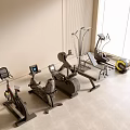 Modern Gym Fitness Equipment Arranged in Bright Room with Large Windows
