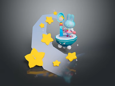 Blue Rabbit Riding Spaceship With Yellow Stars And Sliding Path 3d model
