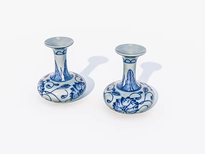 Pair of Blue and White Ceramic Candle Holders with Floral Vine Patterns 3d model