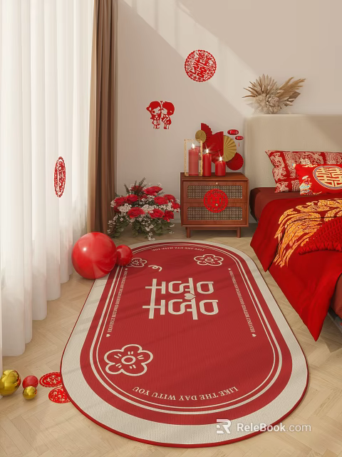 Chinese Wedding Bedroom With Red Decorations Double Happiness Rug Balloons And Flower Arrangement 3d model 