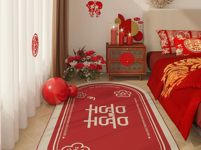 Chinese Wedding Bedroom With Red Decorations Double Happiness Rug Balloons And Flower Arrangement 3d model