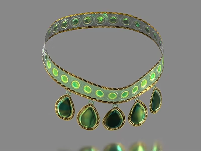 Elegant Jewelry Necklace with Green Gemstone Gold Teardrop Pendants and Circular Design 3d model