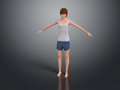 3D Human Character Model Standing With Arms Outstretched White Vest Blue Shorts 3d model