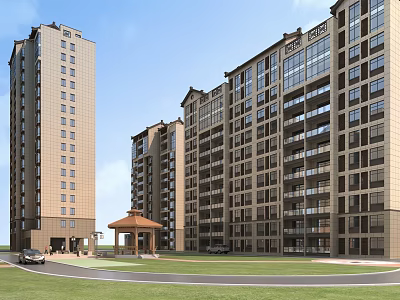 Modern High-rise Residential Building Exterior With Balconies Windows Lawn Pavilion And Driveway 3d model