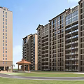 Modern High-rise Residential Building Exterior With Balconies Windows Lawn Pavilion And Driveway