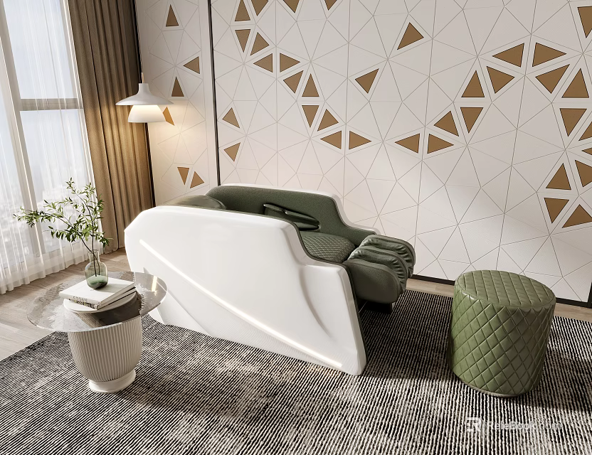 Modern White And Green Massage Chair With Geometric Wall And Green Ottoman In Living Room 3d model 
