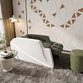 Modern White And Green Massage Chair With Geometric Wall And Green Ottoman In Living Room