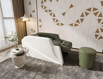 Modern White And Green Massage Chair With Geometric Wall And Green Ottoman In Living Room 3d model