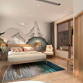Hotel Room Interior With Bathtub Mountain View Windows And Wooden Decor Plants