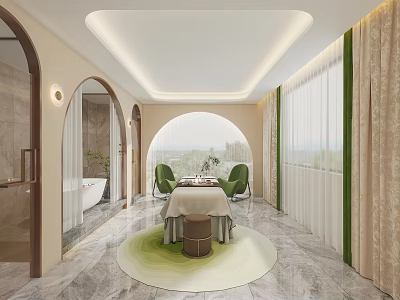 SPA Sauna Interior Design With Arched Doorways Large Windows Green Chairs And Massage Table 3d model