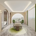 SPA Sauna Interior Design With Arched Doorways Large Windows Green Chairs And Massage Table