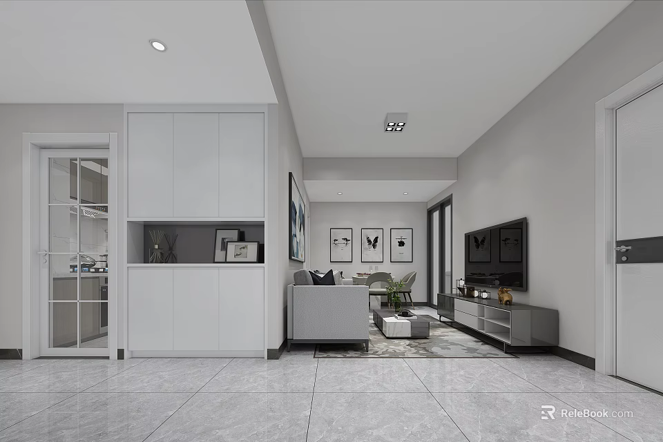 Modern Minimalist Living Dining Room Interior With White Cabinets Grey Sofa TV And Marble Flooring 3d model 