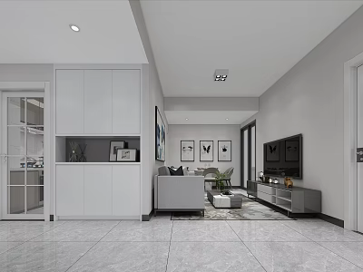 Modern Minimalist Living Dining Room Interior With White Cabinets Grey Sofa TV And Marble Flooring 3d model