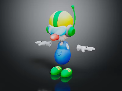 3D Cartoon Character With Yellow Green Helmet Antenna Red Nose Headphones Blue Overalls Green Shoes 3d model