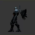 Futuristic Mechanical Robot With Winged Metallic Armor Circular Headpiece And Glowing Core