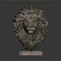 Detailed Metal Lion Head Sculpture With Ornate Mane And Square Base
