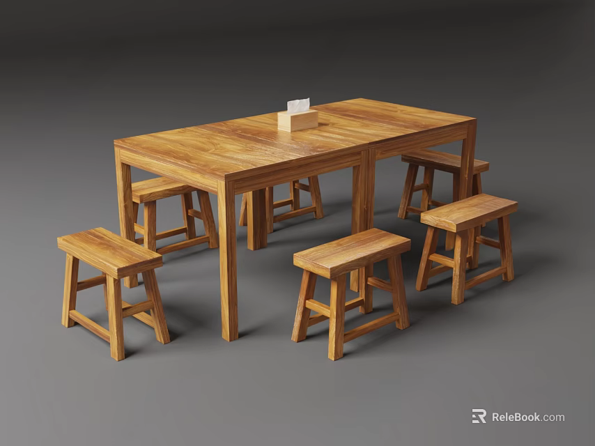Sturdy Wooden Table And Stools Set With Rectangular Top For Home Dining 3d model