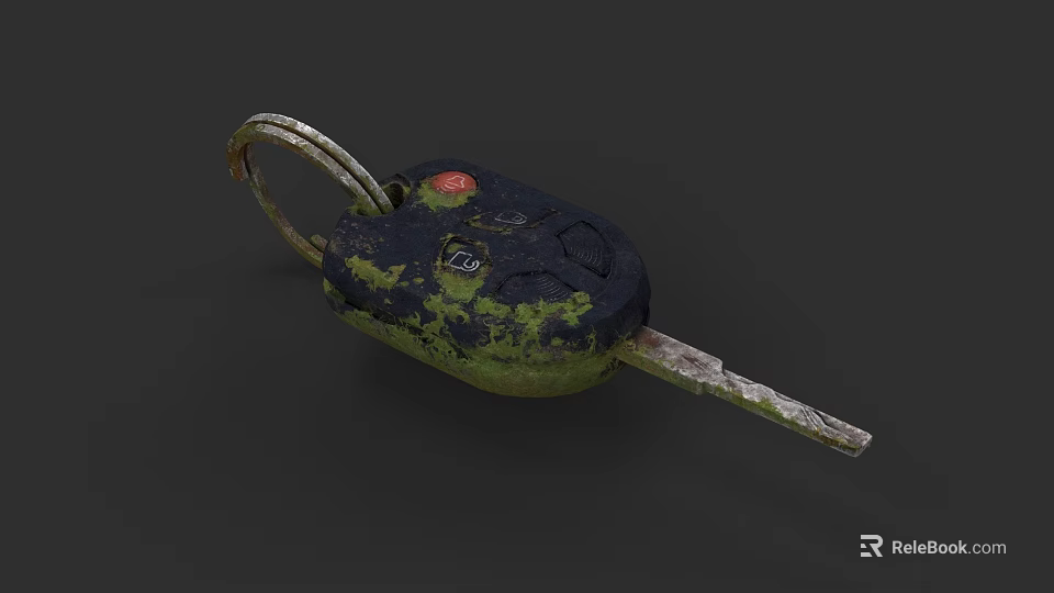 Rusty Moss Covered Car Remote Key With Red Button And V20 Electronic Device 3d model 