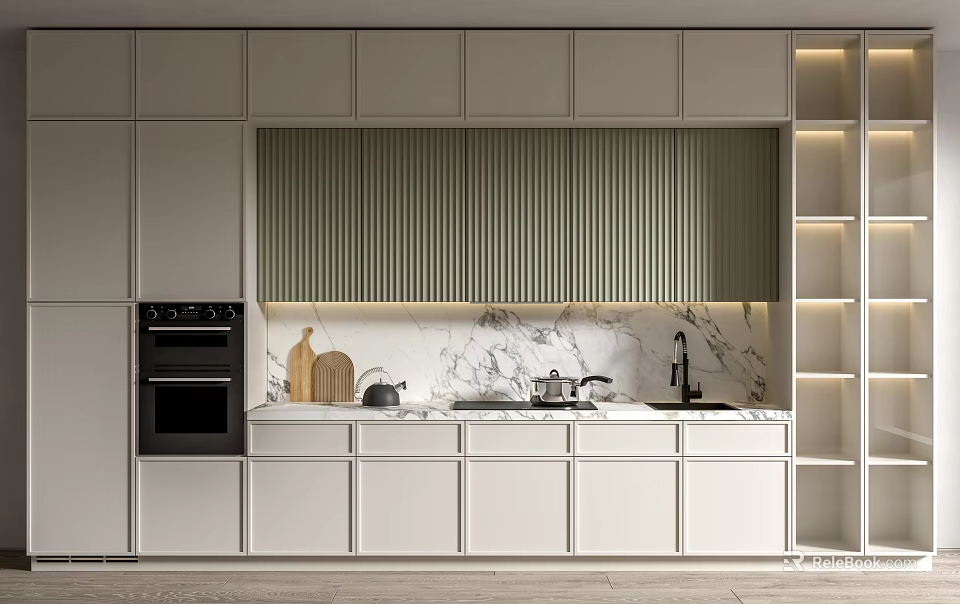 Modern Kitchen Interior With Stylish Cabinets Marble Backsplash And Appliances 3d model 