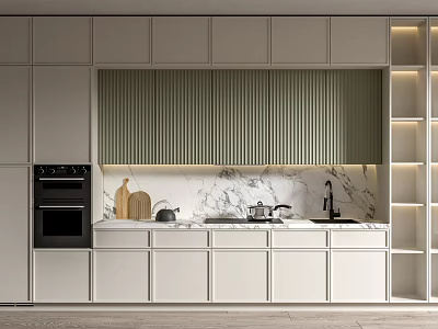Modern Kitchen Interior With Stylish Cabinets Marble Backsplash And Appliances 3d model