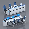 Modern Office Desk Design With Computer Monitor Blue Accent Lines And Ergonomic Chair