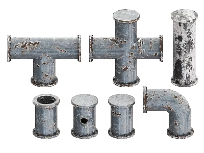 Rusty Metal Pipe Fittings Including Tee Cross Elbow And Straight Types 3d model