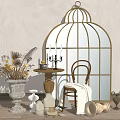 Vintage Table and Chair Set with Metal Birdcage Mirror Dried Flowers and Decorative Vases