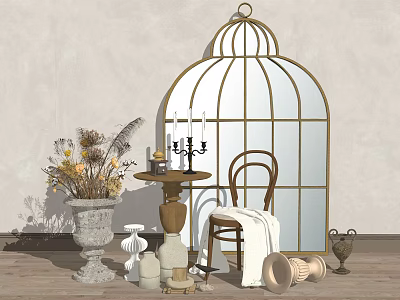 Vintage Table and Chair Set with Metal Birdcage Mirror Dried Flowers and Decorative Vases 3d model