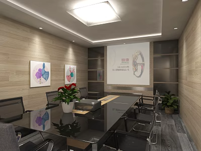 Modern Conference Room With Wooden Walls Long Table Chairs Projector Screen And Plants 3d model