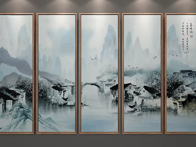 Chinese Ink Wash Landscape Painting with Mountains Rivers Village Small Bridge Flying Birds and Boat 3d model