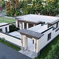 Modern Detached Villa With Flat Roof Lush Green Lawn And Palm Trees
