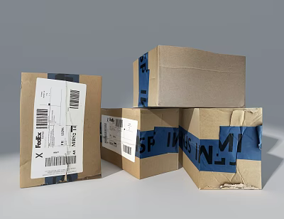 Multiple Cardboard Boxes With Blue Tape Labels And Barcodes For Shipping 3d model
