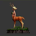 Deer Girl Fantasy Figure Standing On Green Grass Base With Leaves And Grass