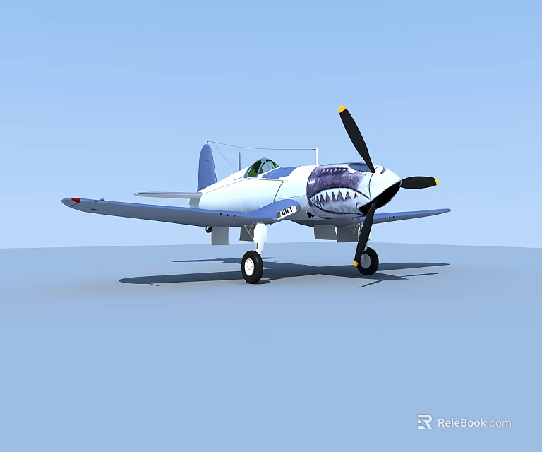 White And Blue Vintage Propeller Fighter Jet With Cockpit Landing Gear Against Blue Sky 3d model 